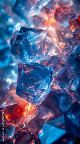 A group of ice cubes of different shapes and sizes in blue and red light.