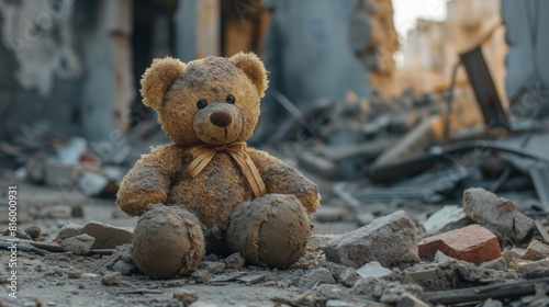 A forgotten teddy bear lies in the ruins of a house. 