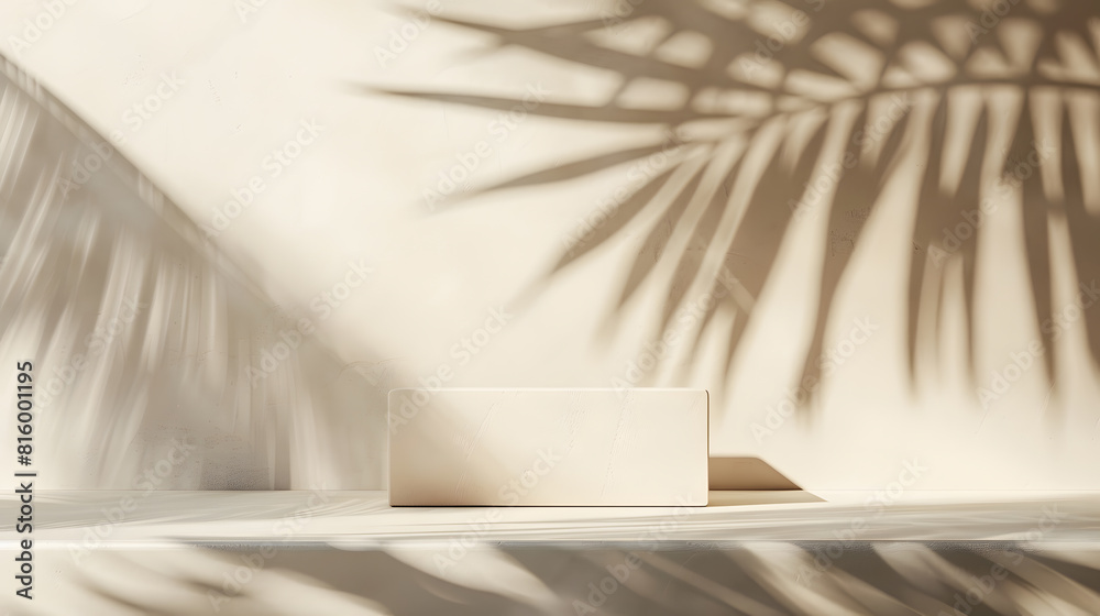 Fototapeta premium Minimal product placement background with palm shadow on plaster wall Luxury summer architecture interior aesthetic Creative product platform stage mockup : Generative AI