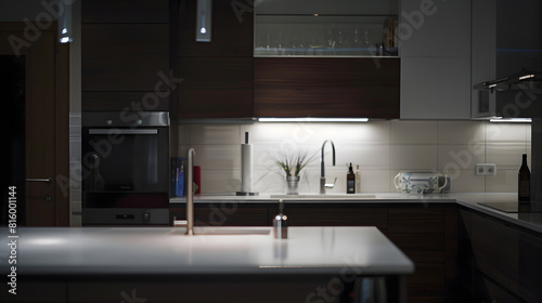 a modern kitchen with white counters and dark wood cabinets in the room is lit by recessed light fixtures : Generative AI