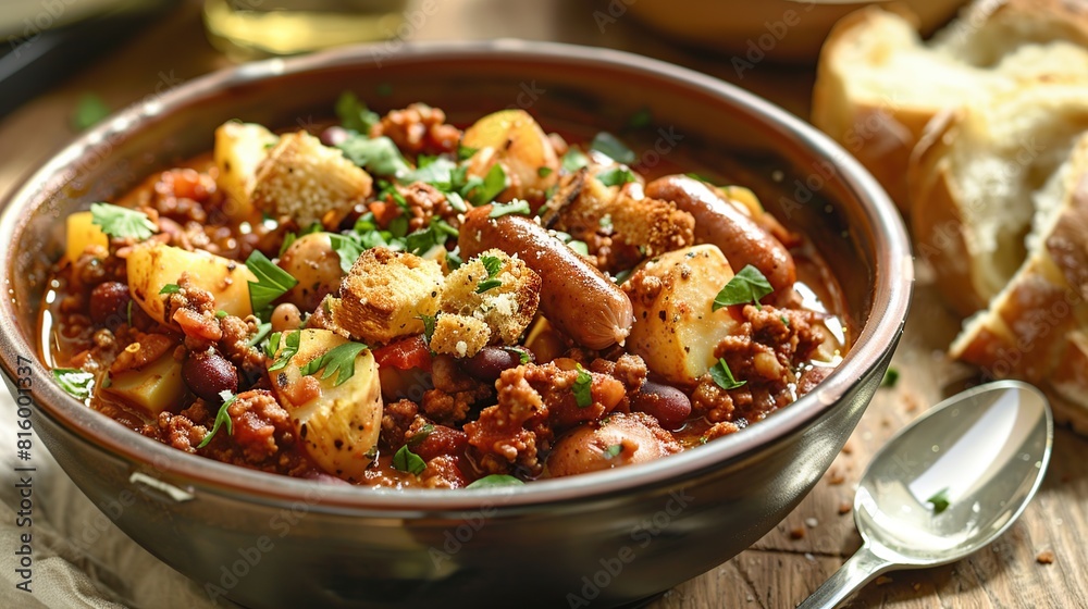 Sausage chili with potatoes and crispy bread. Generative Ai Sausage chili with potatoes and crispy bread. Generative Ai
