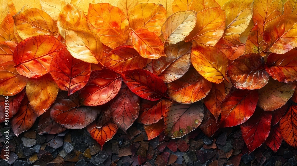 A surreal artwork where the leaves are stylized into geometric shapes, forming a seamless mosaic in shades of topaz and amber, evoking a sense of harmony and the change of seasons. A surreal artwork where the leaves are stylized into geometric shapes, forming a seamless mosaic in shades of topaz and amber, evoking a sense of harmony and the change of seasons.
