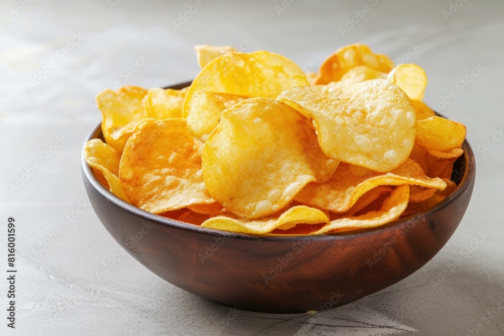 Close-up of a bowl filled with delicious and crunchy potato chips on a light surface Close-up of a bowl filled with delicious and crunchy potato chips on a light surface