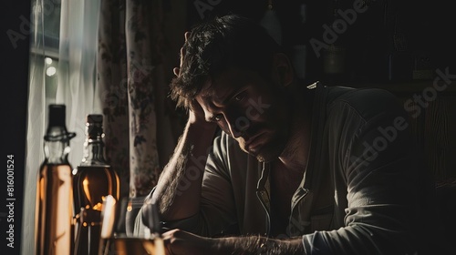 man grappling with alcohol addiction despair and struggle symbolized in dark portrait