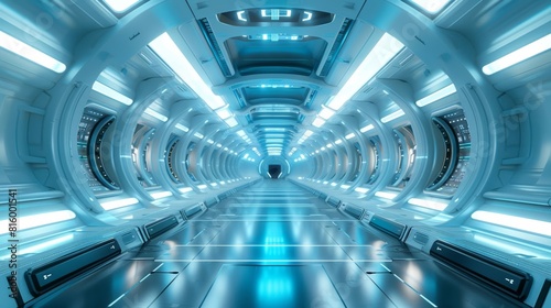 The futuristic spaceship s interior is illuminated by a beautiful mix of blue and white lights  creating a mesmerizing glow.