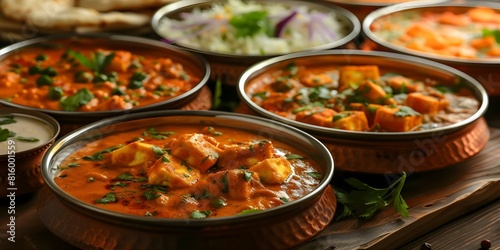 Assortment of Indian Lunch and Dinner Dishes Featuring Paneer Butter Masala. Concept Indian Cuisine  Lunch Ideas  Dinner Recipes  Paneer Butter Masala  Food Photography