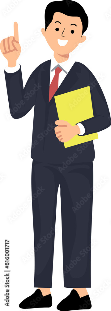 office man standing holding file with hands pointing finger up to copy space or advertising concept and announcement office man standing holding file with hands pointing finger up to copy space or advertising concept and announcement