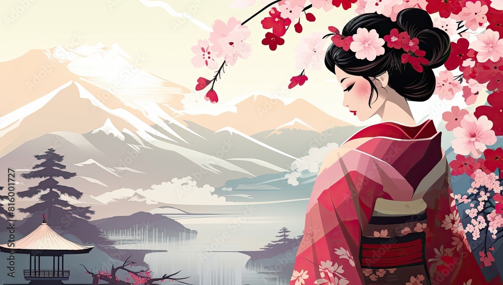 Fototapeta premium A woman in a red kimono stands in front of a mountain range. The image has a serene and peaceful mood, with the woman and the landscape