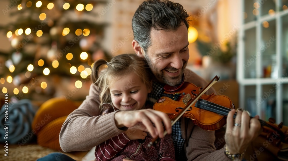 Father teaching young daughter to play violin at home with Christmas tree in the background, sharing joyful moment together.