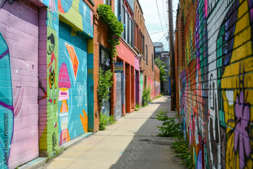 A quirky street art alley adorned with vibrant murals, graffiti tags, and urban artworks, showcasing the creativity and expression of local artists in a colorful and dynamic outdoor gallery.  © grey