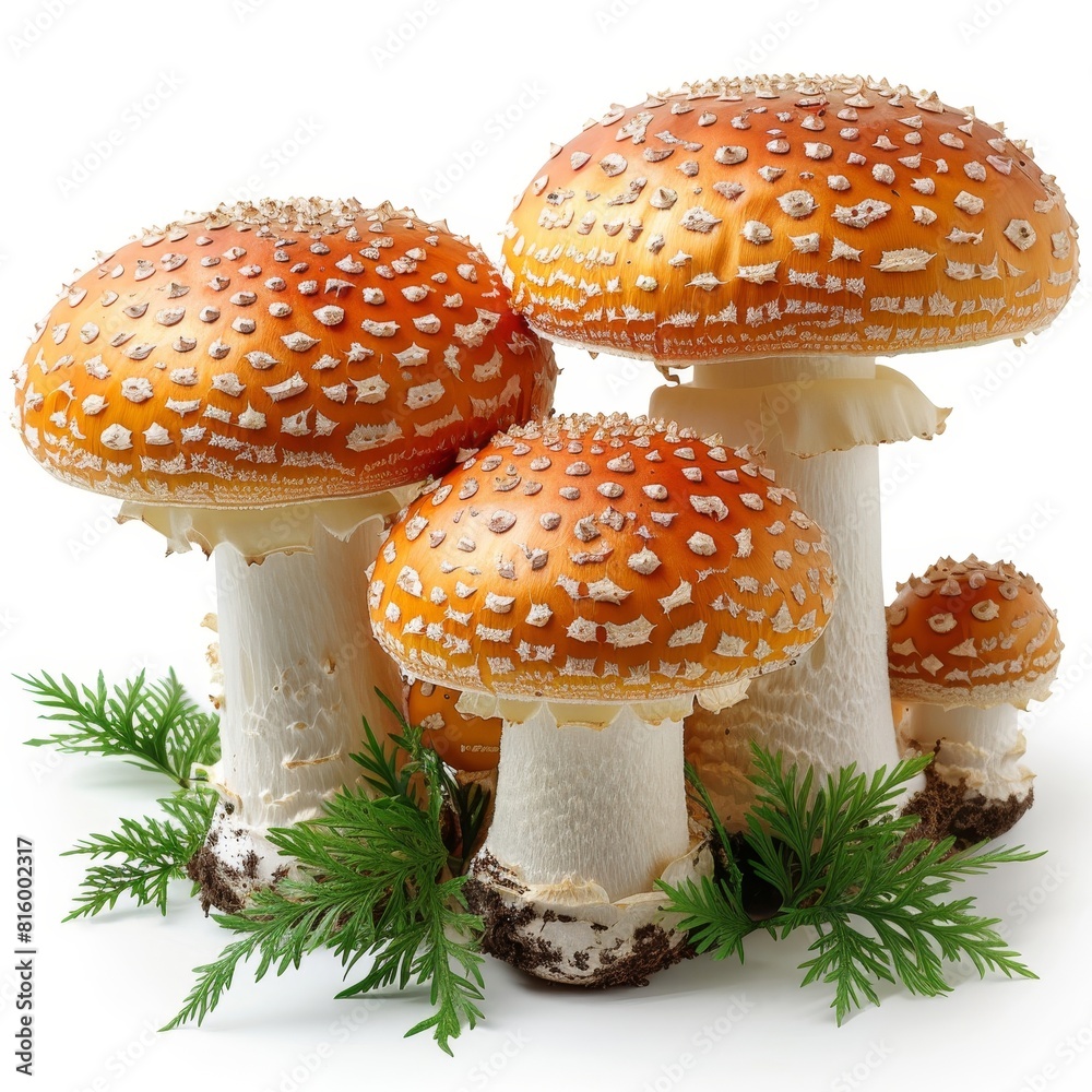 a group of mushrooms with pine needles on a white background a group of mushrooms with pine needles on a white background