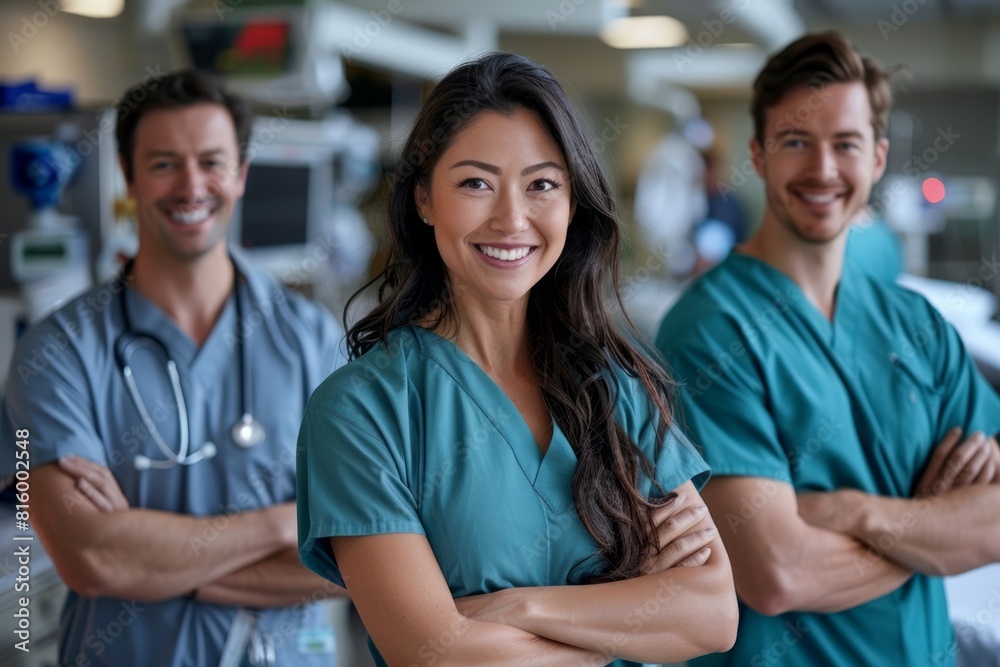 Three people in blue scrubs are smiling for the camera Three people in blue scrubs are smiling for the camera