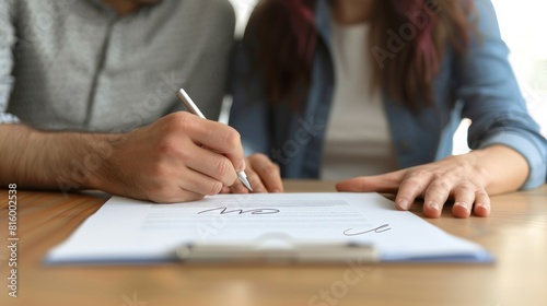 Close-up of two people signing a document together at a wooden table, with a blurred background, highlighting collaboration and agreement.