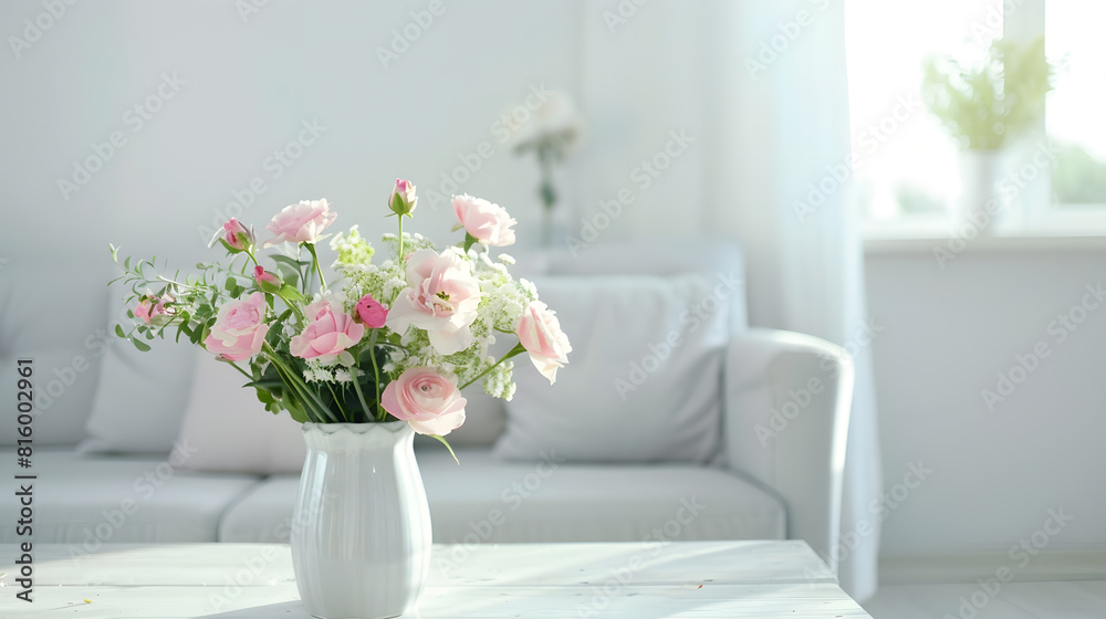 Flowers on wooden table and grey settee in white living room interior with copy space Real photo : Generative AI Flowers on wooden table and grey settee in white living room interior with copy space Real photo : Generative AI