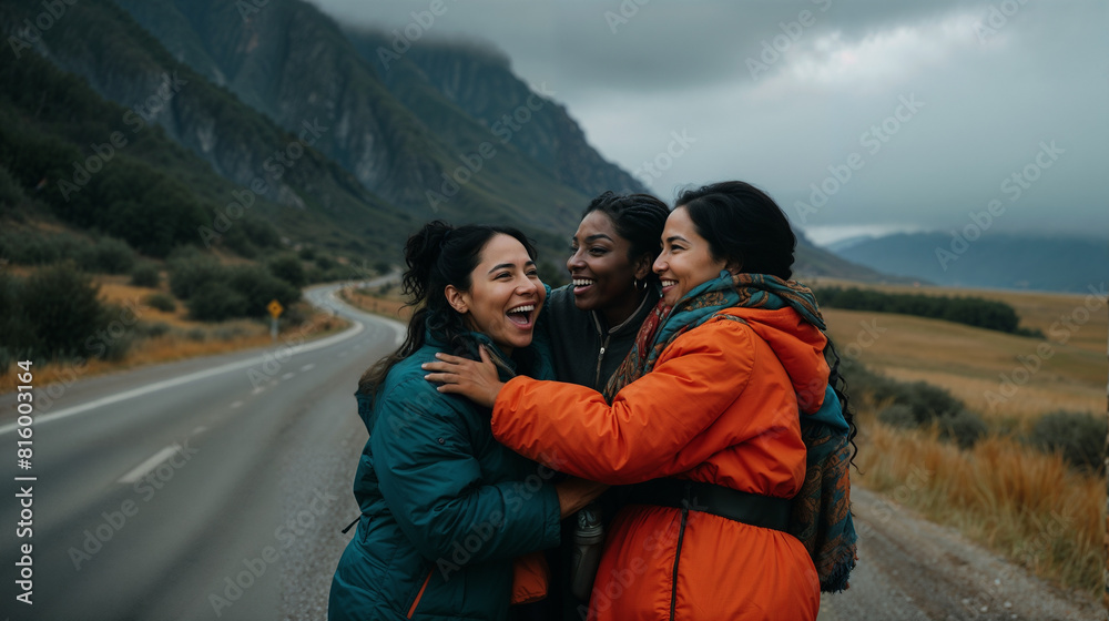 Three Friends Laughing Together on Scenic Mountain Road