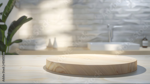 Round wooden podium for product display on blurred bathroom background   Generative AI