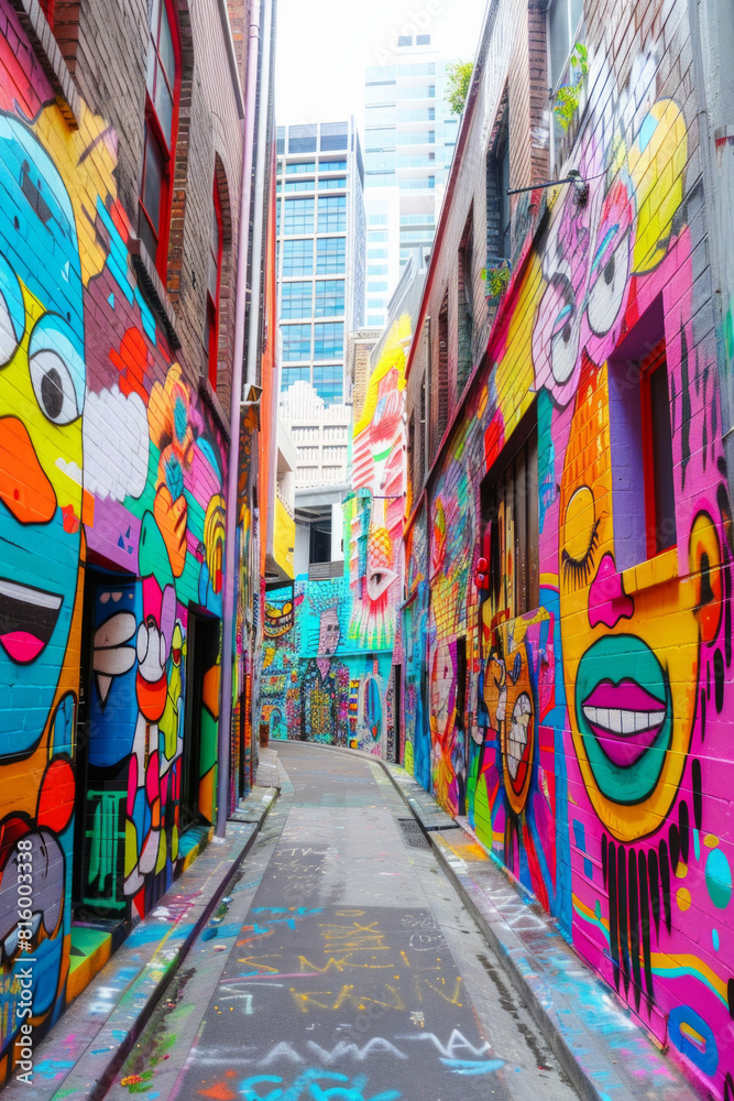 A quirky street art alley adorned with vibrant murals, graffiti tags, and urban artworks, showcasing the creativity and expression of local artists in a colorful and dynamic outdoor gallery. A quirky street art alley adorned with vibrant murals, graffiti tags, and urban artworks, showcasing the creativity and expression of local artists in a colorful and dynamic outdoor gallery.