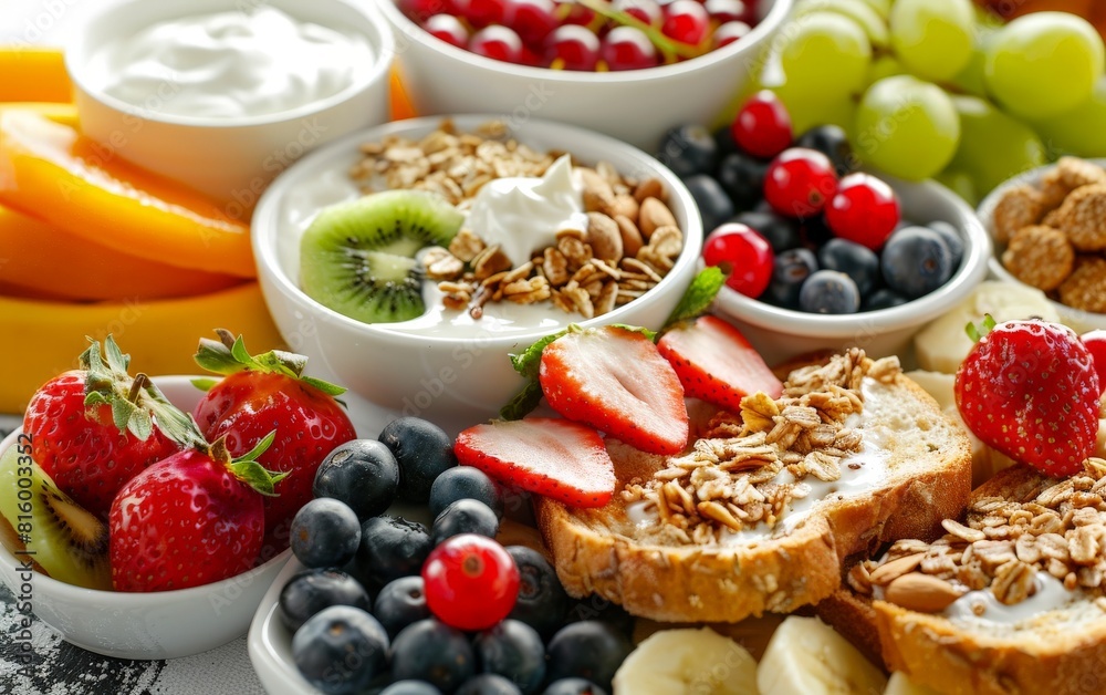 Detailed close-up of a healthy breakfast spread, colorful fruits, protein-rich yogurt, and whole-grain toast, fueling the body for a demanding workout Detailed close-up of a healthy breakfast spread, colorful fruits, protein-rich yogurt, and whole-grain toast, fueling the body for a demanding workout