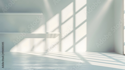 modern minimalistic cozy white home interior background white wall with shelves and design wall and floor sunlight beams from window and shadows white background with spotlights   Generative AI