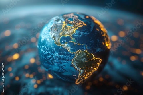 Illustration of a high-tech North American globe in a virtual setting created using artificial intelligence.