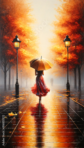 A vertical painting of a woman walking on a rain-soaked street under an open umbrella. The woman is dressed in a flowing red and yellow dress