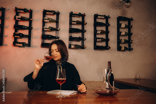 Brunette woman sommelier tasting smelling wine and writing notes.