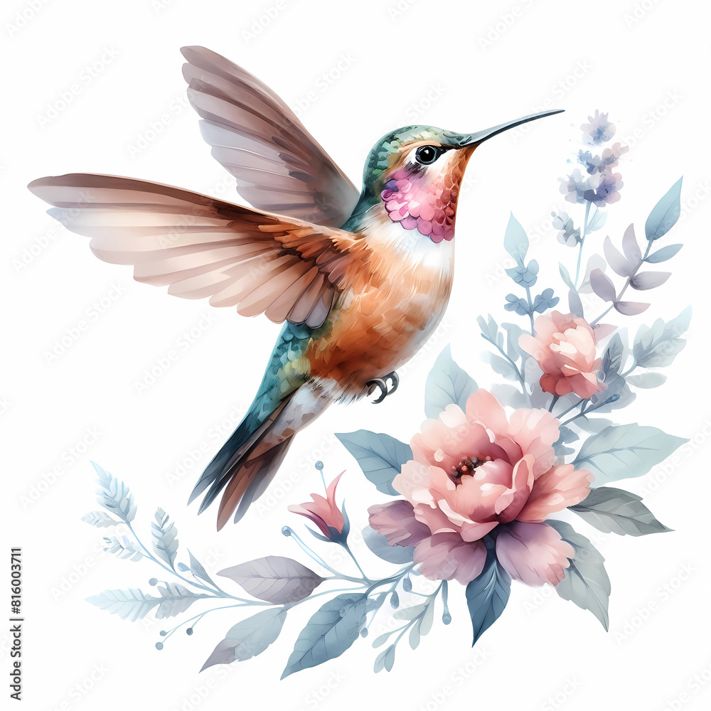 watercolor color painting of hummingbird image on white background