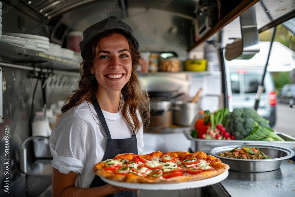A woman is smiling and holding a pizza