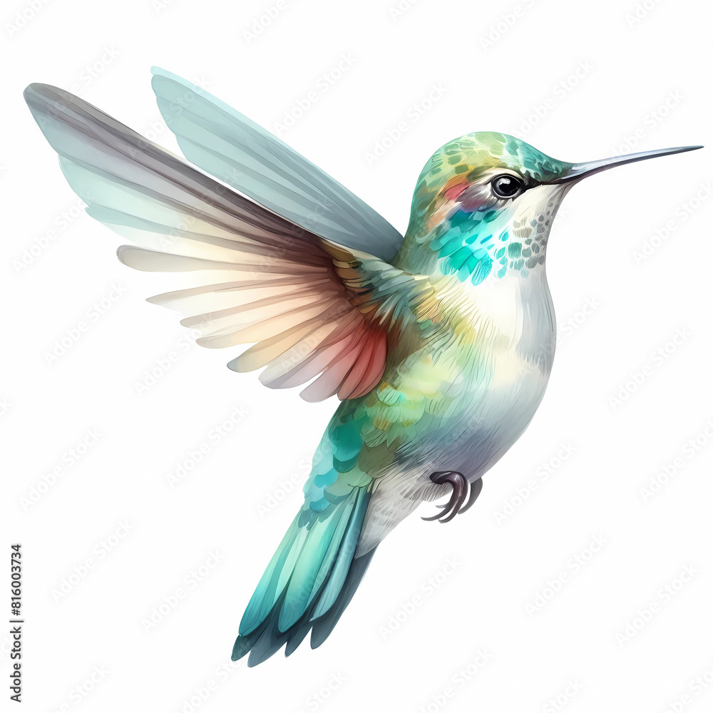 watercolor color painting of hummingbird image on white background