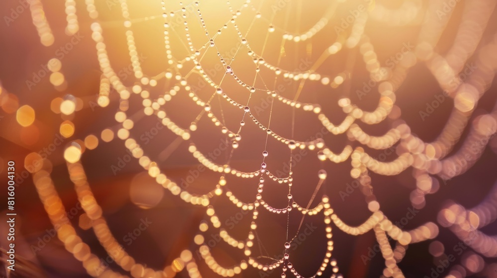 The delicate and intricate structure of a spider's web is illuminated by the soft light of dawn. The delicate and intricate structure of a spider's web is illuminated by the soft light of dawn.
