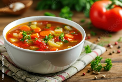 Vibrant bowl of vegetable soup with fresh ingredients on a rustic wooden table