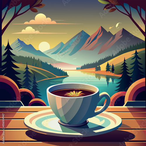 A cup of coffee is sitting on a plate in front of a mountain range. Concept of calm and relaxation, as the viewer can imagine themselves sitting on a mountaintop, sipping a warm cup of coffee
