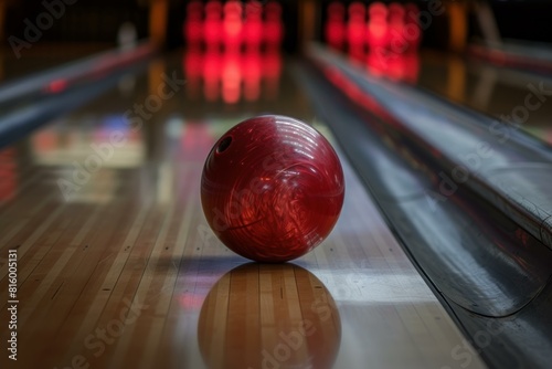 Close-up of a shiny red bowling ball on a wooden lane with illuminated pins at end