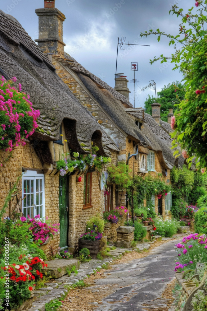 A quaint English countryside village with charming thatched cottages, cobblestone streets, and blooming flower gardens A quaint English countryside village with charming thatched cottages, cobblestone streets, and blooming flower gardens