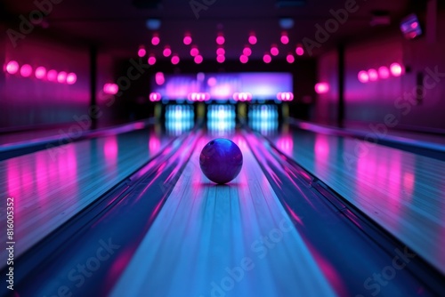 A single bowling ball sits on a lane under vibrant neon lights in an empty bowling alley