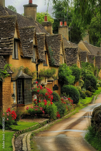 A quaint English countryside village with charming thatched cottages  cobblestone streets  and blooming flower gardens