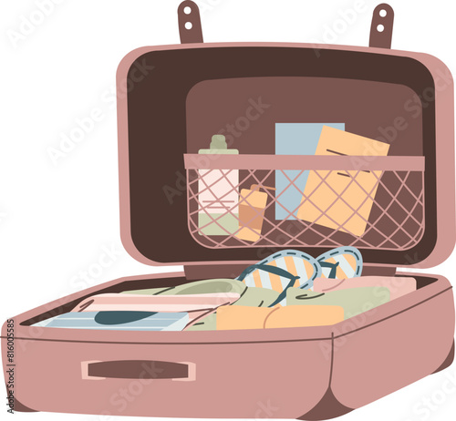 Open travel suitcase on isolated background. Things for tourism and summer holidays. Hand-drawn in trendy style. Colorful flat vector illustration