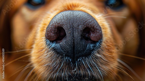 Close-up of Dog Nose - unique biometric marker. Dogs nose prints can be used to prove identity. Highly detailed macro shot with textured surface of a dog's nose, capturing the unique patterns 