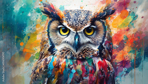 Abstract animal Owl portrait with colorful double exposure paint © michaswelt