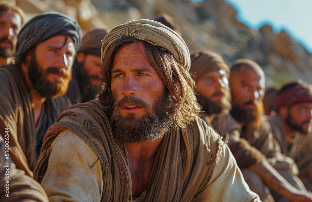 Jesus speaking to his disciples, in the realistic style of biblical narrative. in the film The Newberg Glude 
