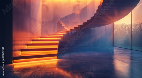 A modern staircase with glass balustrades and wooden steps, illuminated by soft LED lights in the dimly lit room of an upscale home interior. The lighting creates a warm ambiance that photo
