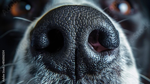 Close-up of Dog Nose - unique biometric marker. Dogs nose prints can be used to prove identity. Highly detailed macro shot with textured surface of a dog's nose, capturing the unique patterns 