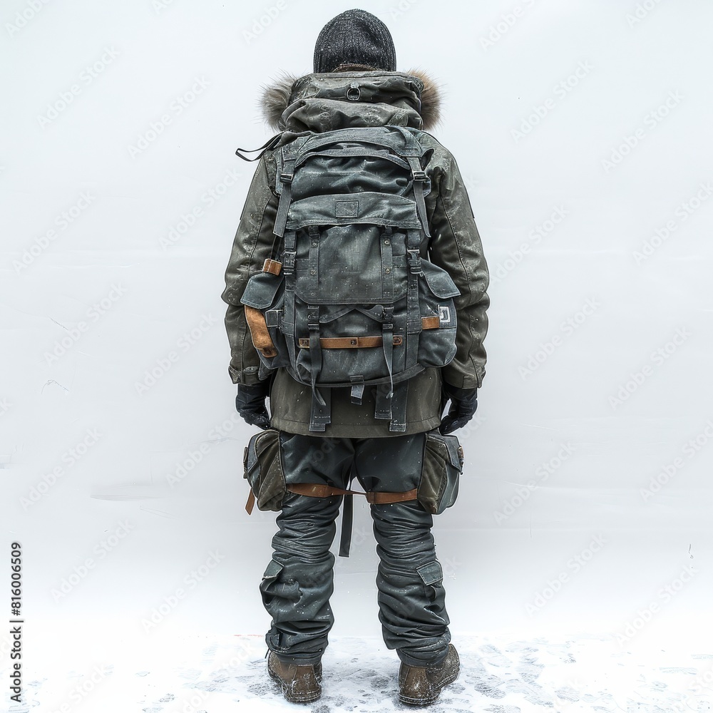 a person standing in the snow with a backpack a person standing in the snow with a backpack