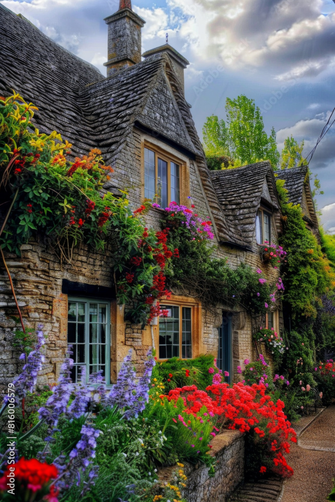 A quaint English countryside village with charming thatched cottages, cobblestone streets, and blooming flower gardens A quaint English countryside village with charming thatched cottages, cobblestone streets, and blooming flower gardens