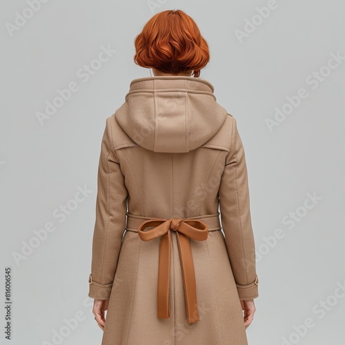 a woman in a coat with a brown bow photo