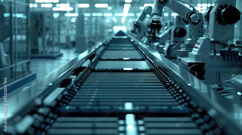 Automation line for electronics manufacturing in front view A conveyor belt system assembling electronic devices Automation line for electronics manufacturing in front view A conveyor belt system assembling electronic devices