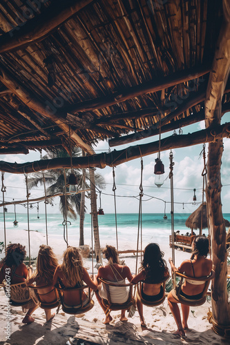 A high contras photo, girls sit in the shade of a cabana on a tropical beach swing, laughing and relaxing on vacation . Swim suits, looking at the ocean, spring break, bachelorette, pano
 photo