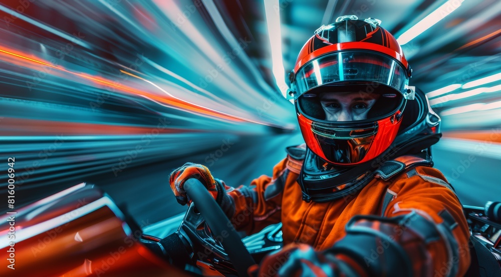 A person driving an orange and black kart on the track, wearing a helmet and jacket with racing gloves. The background is blurred to emphasize speed during indoor go-karting. A person driving an orange and black kart on the track, wearing a helmet and jacket with racing gloves. The background is blurred to emphasize speed during indoor go-karting.