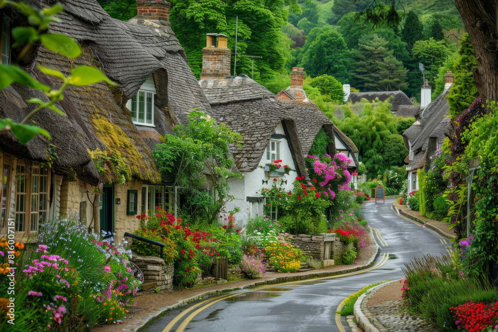 A quaint English countryside village with charming thatched cottages, cobblestone streets, and blooming flower gardens A quaint English countryside village with charming thatched cottages, cobblestone streets, and blooming flower gardens