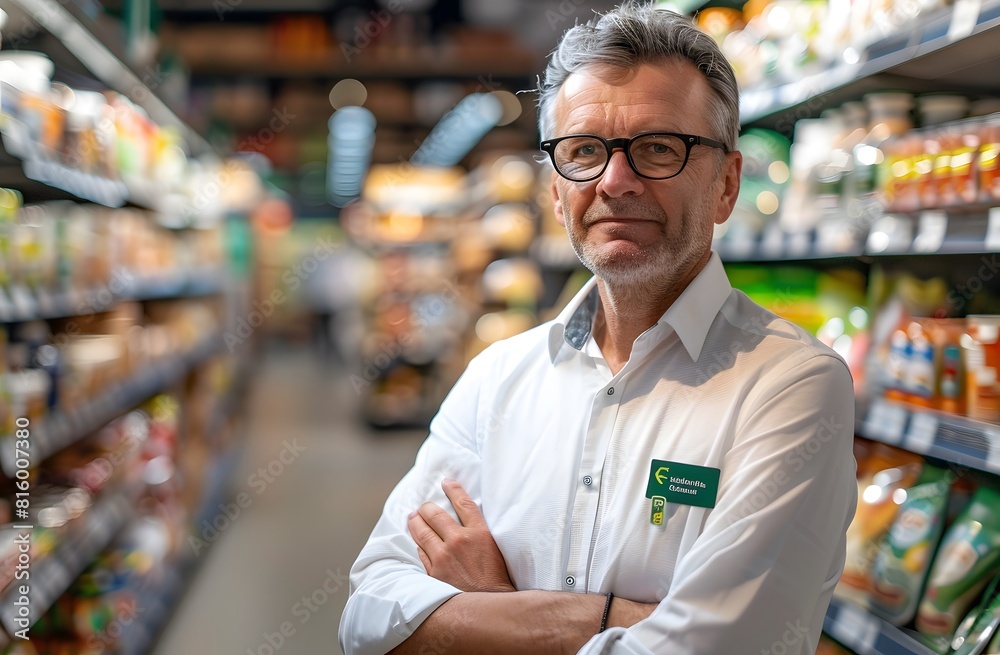 Portrait of a middle aged male manager in a white shirt with a green badge on his arm standing between shelves at a supermarket, Portrait of a middle aged male manager in a white shirt with a green badge on his arm standing between shelves at a supermarket,